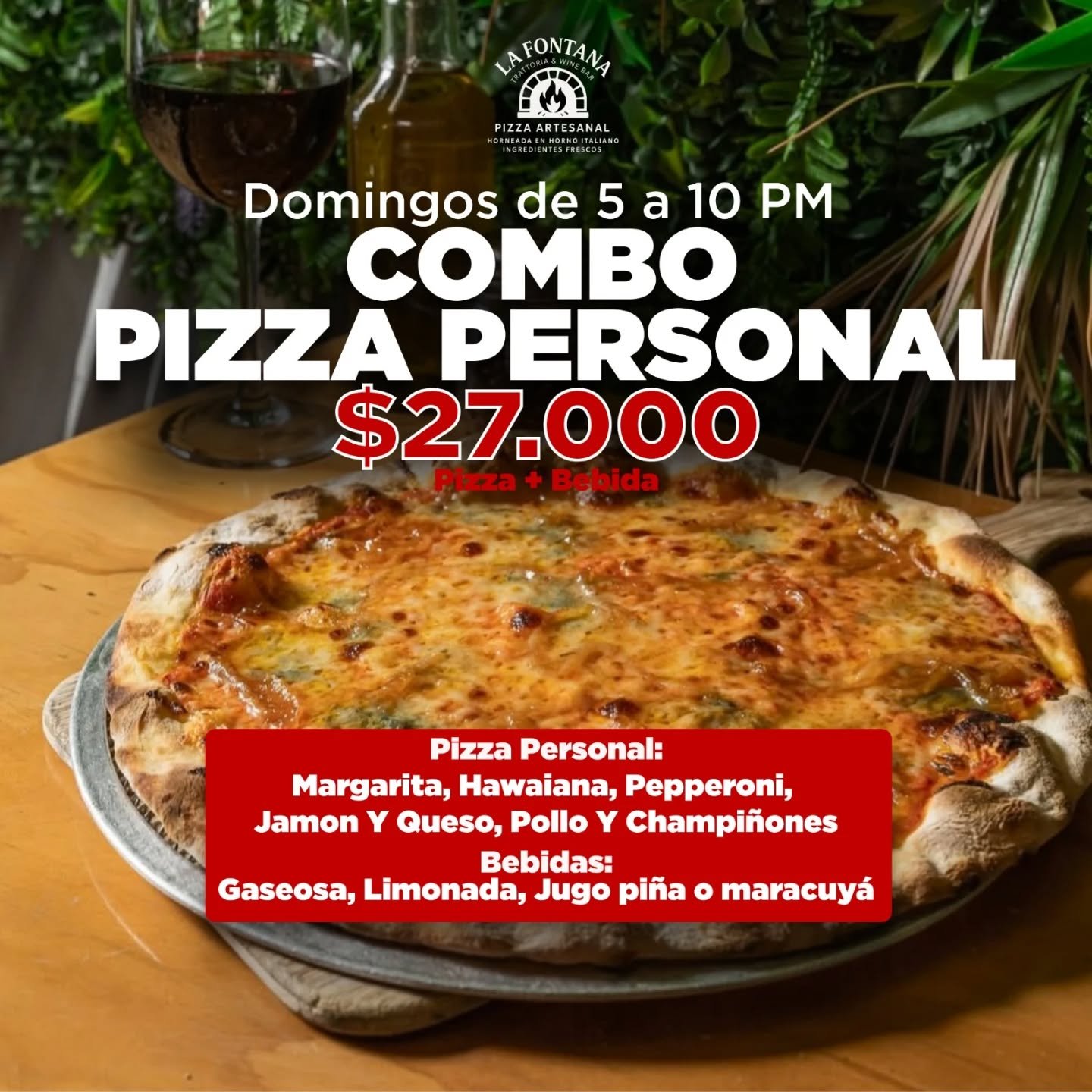 Promoción valida hasta el 3 de Noviembre de 2025.
Porque nos lo PEDISTE.... @lafontanatwb siempre complaciendolos.
Una Pizza Personal con bebida por solo 27 mil pesos.... Para que termines tu semana con algo sencillo.
Abrazos y disfrutala
#cartagenadeíndias #cartagena #pizzaencartagena #bocagrande #restaurantescartagenadeindias #restaurantelafontana
