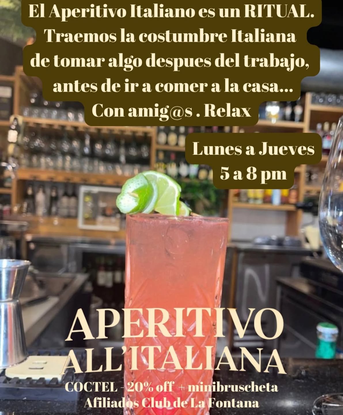 Despues del trabajo, que rico tomarnos un aperitivo... con un descuento y que ademas me regalen una picadita.... Afiliate a nuestro Club de La Fontana y recibe muchos beneficios.
En @lafontanatwb traemos el RITUAL italiano... Momento para relajarte , desconectarte y disfrutar una horita con amig@s ...o sol@.
Escribenos 3175135470
#aperitivoitaliano #aperitivotime #restauranteitalianoencartagena #bocagrande #cartagenadeíndias