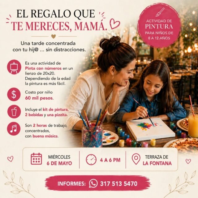 Este mes de mamá no le regales algo…
regálate un momento con él 💛

🎨 Miércoles 6 de mayo
⏰ 4:00 a 6:00 pm
📍 La Fontana
Cupos limitados
📲 Reserva por WhatsApp 3175135470

#conexion #mayomesdemamá #mesdelamadre #Cartagena #cartagenadeíndias