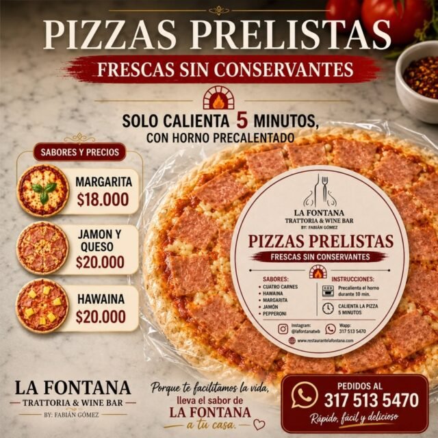 🍕🔥 LA FONTANA LLEGA A TU CASA 🔥🍕
¿Antojo de pizza italiana de verdad… pero sin complicarte la vida? 🇮🇹❤️
Nuestras PIZZAS PRELISTAS están hechas con ingredientes frescos, sin conservantes y listas en solo 5 minutos. ⏱️🍕
✔️ Masa artesanal
✔️ Ingredientes de calidad
✔️ Sabor auténtico italiano
✔️ Perfectas para compartir en casa
✨ Porque te facilitamos la vida, lleva el sabor de La Fontana a tu mesa.
📲 Haz tu pedido ahora:
317 513 5470
#LaFontanaCartagena #PizzaPrelista #PizzaItaliana #CartagenaFood #LaFontana PizzaEnCasa ComidaItaliana Bocagrande DeliveryCartagena PizzaLovers HornoItaliano SaborItaliano ListaEn5Minutos